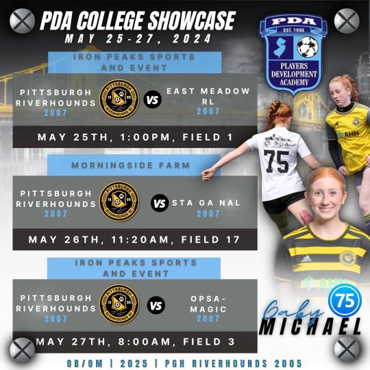 I’m super excited for my last games of the season at PDA College Showcase with <a href="/HoundsAcademy/">The Riverhounds Academy</a> ! We have some good competition this weekend! Let’s get it <a href="/MProviano/">Mpro</a> <a href="/Scot22tie/">Scott Gibson</a> <a href="/ECNLgirls/">ECNL Girls</a> <a href="/MoeRosensteel/">Kaitlyn Moe Rosensteel Scholarship Foundation</a> <a href="/ImYouthSoccer/">ECNL/GA/Recruiting/College Soccer</a> <a href="/ImCollegeSoccer/">College Soccer Truth ™</a> <a href="/TheSoccerWire/">SoccerWire</a>