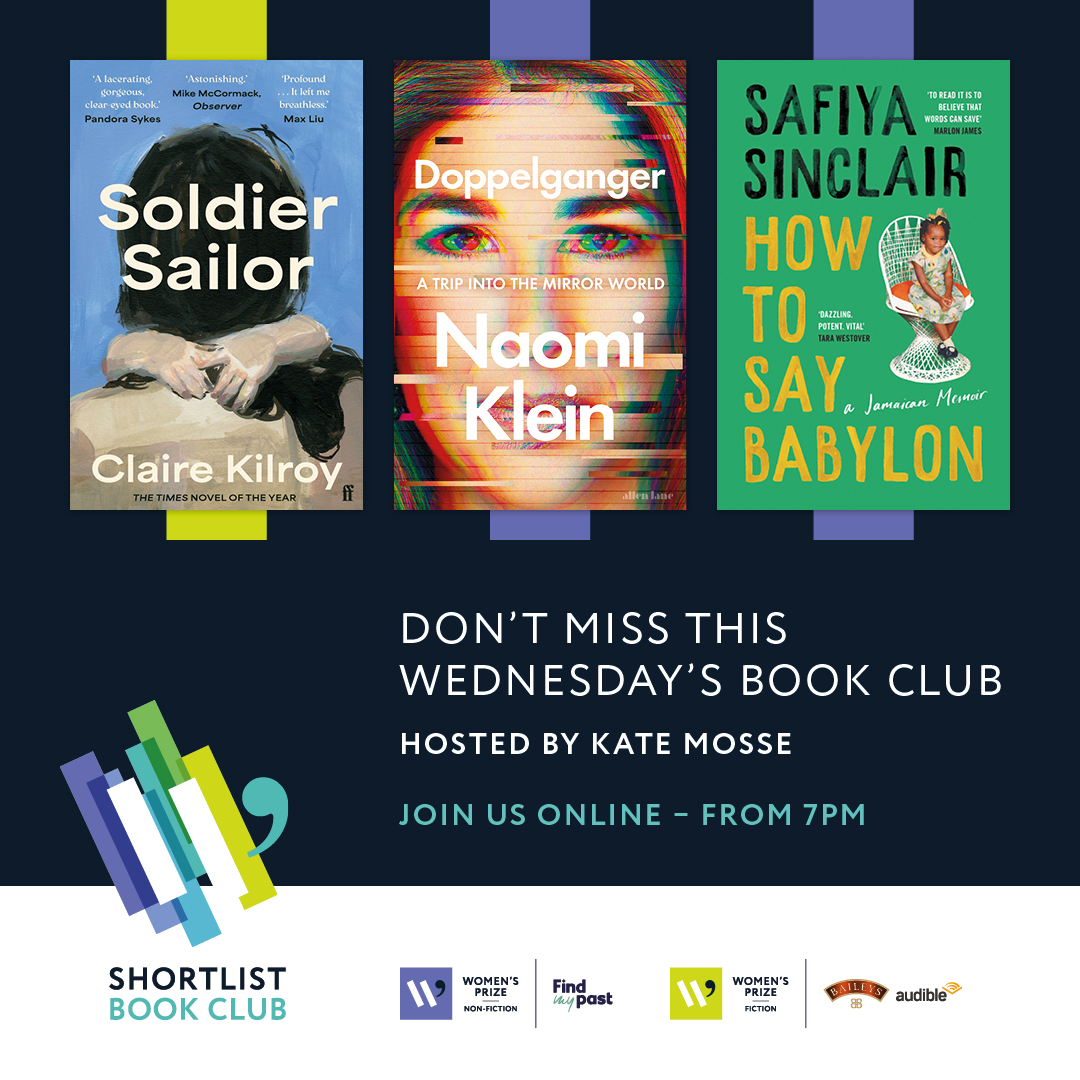 Join us online at 7pm as Claire Kilroy, @NaomiAKlein and @SafiyaSinclair discuss their shortlisted books with Founder Director of the #WomensPrize @katemosse! You can purchase a ticket up to 6:30pm so what are you waiting for? bit.ly/24BookClub