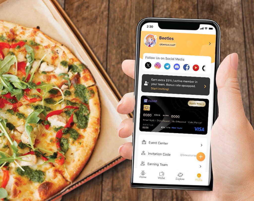 14 years ago: 
buy 2 Papa John’s pizzas with 10,000 BTC

today: 
buy pizza with my #BeeNetwork Crypto Card