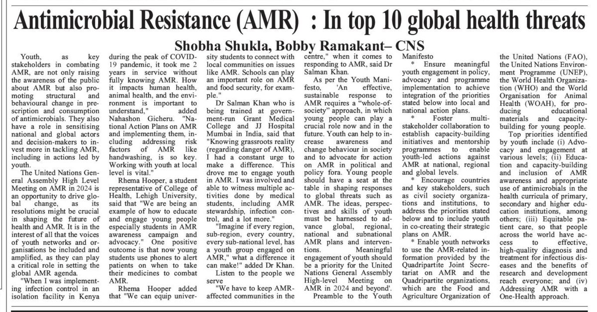 Last part #PublishedToday

Read why #YoungPeople have collectively launched #YouthManifesto in lead up to @UN General Assembly High Level Meeting on #AntimicrobialResistance #AMR

⭐️The Sangai Express
epaper.thesangaiexpress.com/index.php?edit…

⭐️CNS
citizen-news.org/2024/05/youth-…

#WorldHealthAssembly