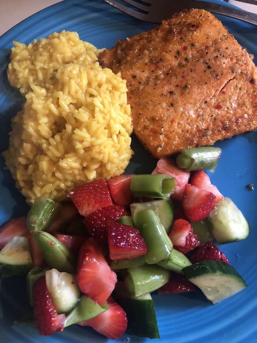 Din din last nite. I cooked garlic & herb salmon, yellow rice & my friend Carrie’s sugar snap peas, strawberries & cucumber salad. Yummy. #cookingathome, #yummy