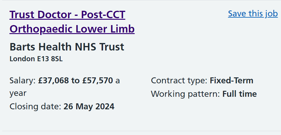 Post CCT Orthopaedic - Consultant level surgeon Salary of £37,000 - £57,000 You don't need the best brains in the country to tell you why doctors are moving out of UK after training. jobs.nhs.uk/candidate/joba…