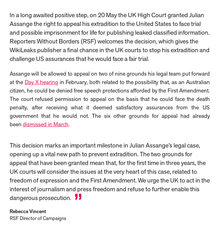 Reporters Without Borders welcomes UK High Court decision on Julian Assange which 'opens up a vital new path to prevent extradition' @RSF_inter #FreeAssangeNOW rsf.org/en/uk-high-cou…