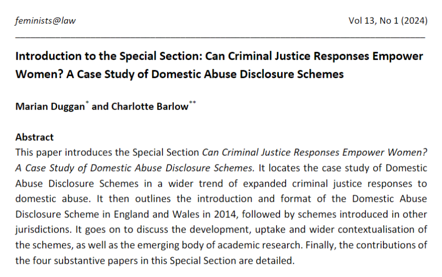 In their introduction @Marian_Duggan &amp; <a href="/CharlotteBarl88/">Charlotte Barlow</a> explain how this collection of articles offers the first comprehensive &amp; nuanced analysis of how domestic abuse disclosure schemes are operating &amp; experienced by those involved with them.

Many thanks to all contributors!