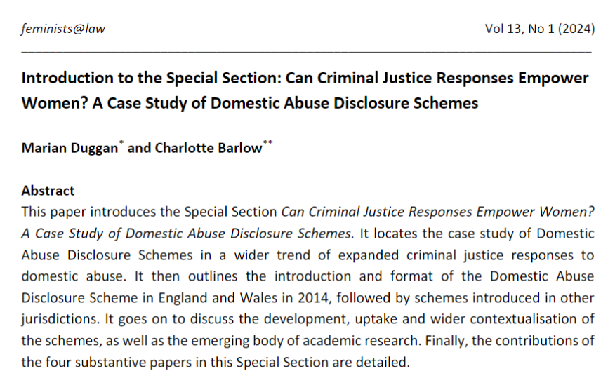 In their introduction @Marian_Duggan & @CharlotteBarl88 explain how this collection of articles offers the first comprehensive & nuanced analysis of how domestic abuse disclosure schemes are operating & experienced by those involved with them. Many thanks to all contributors!