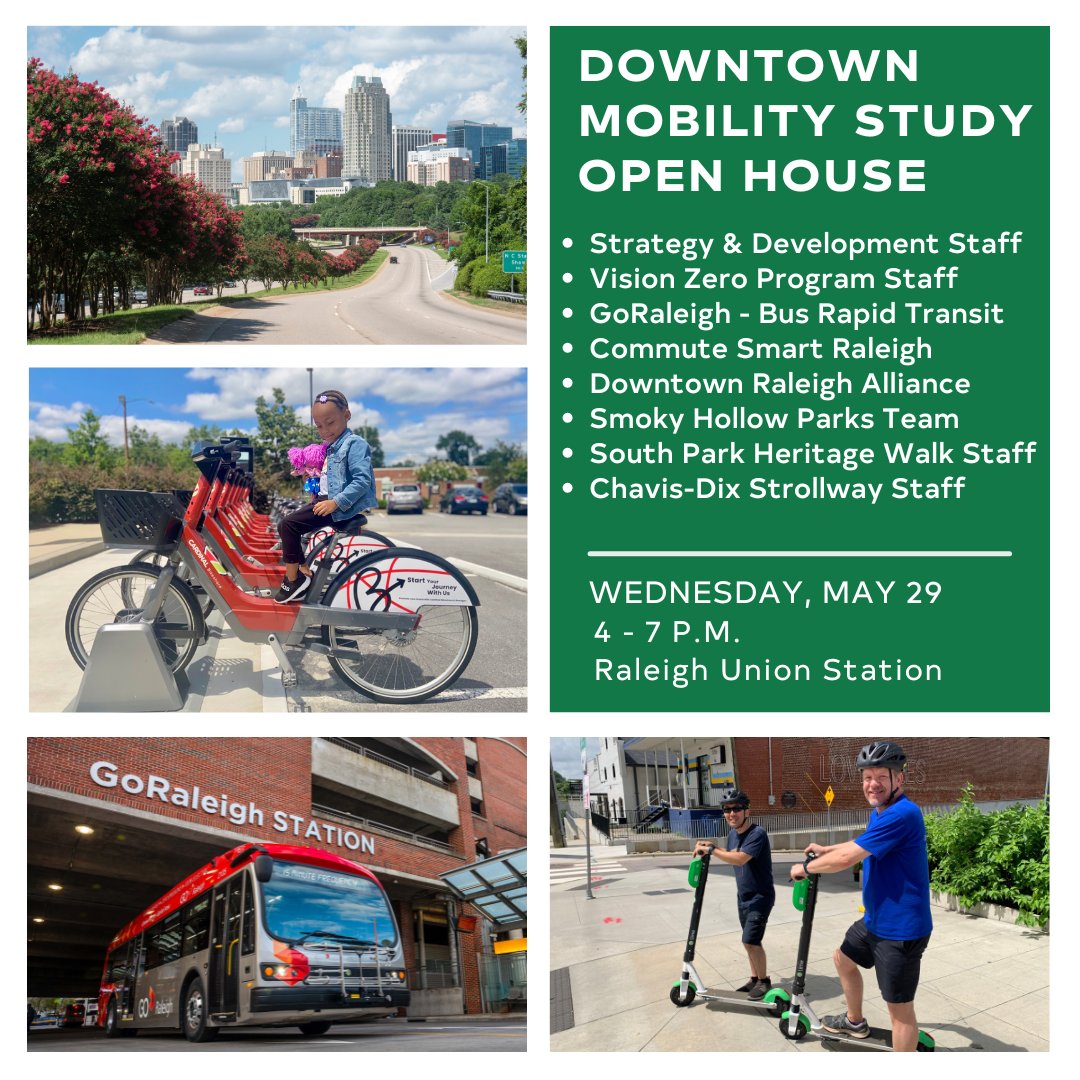 ⚡️WE'RE ONE WEEK AWAY!⚡️ Come chat with Raleigh staff and City partners at the Downtown Mobility Study Open House. Help us improve active transportation and connectivity downtown! ➡️Drop-in style ➡️Interactive ➡️Kid-friendly ➡️Light refreshments