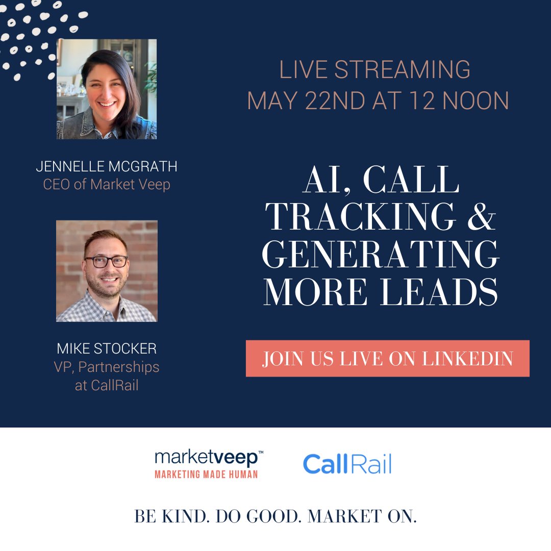 market_veep's tweet image. TODAY at 12pm EDT we’re talking with CallRail expert Mike Stocker to discuss the impact of AI on call tracking and lead generation. You won’t want to miss this live stream! 📢 #ArtificialIntelligence #AI #LeadGen #CallTracking #LiveStream