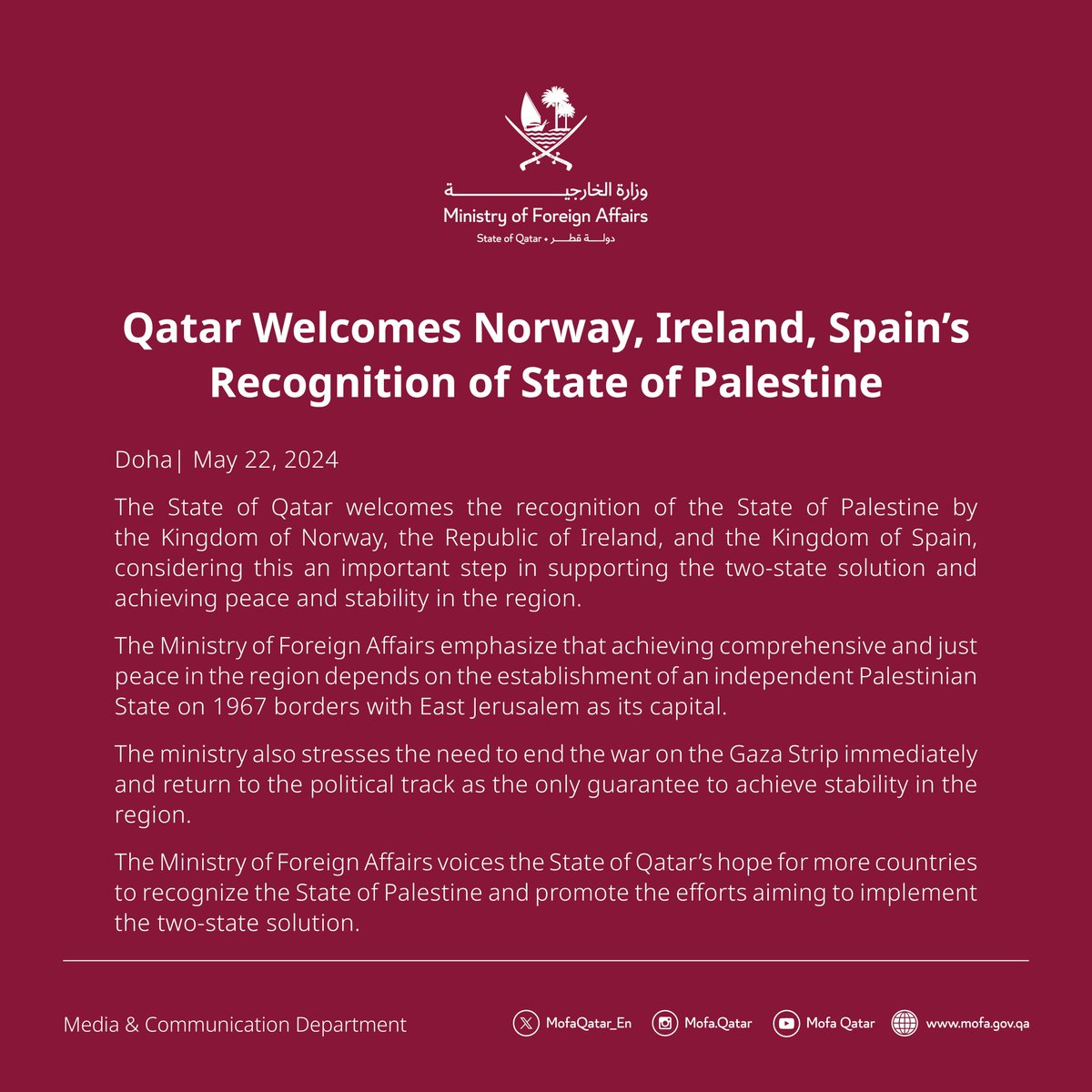 Statement: Qatar Welcomes Norway, Ireland, Spain's Recognition of State of Palestine

#MOFAQatar