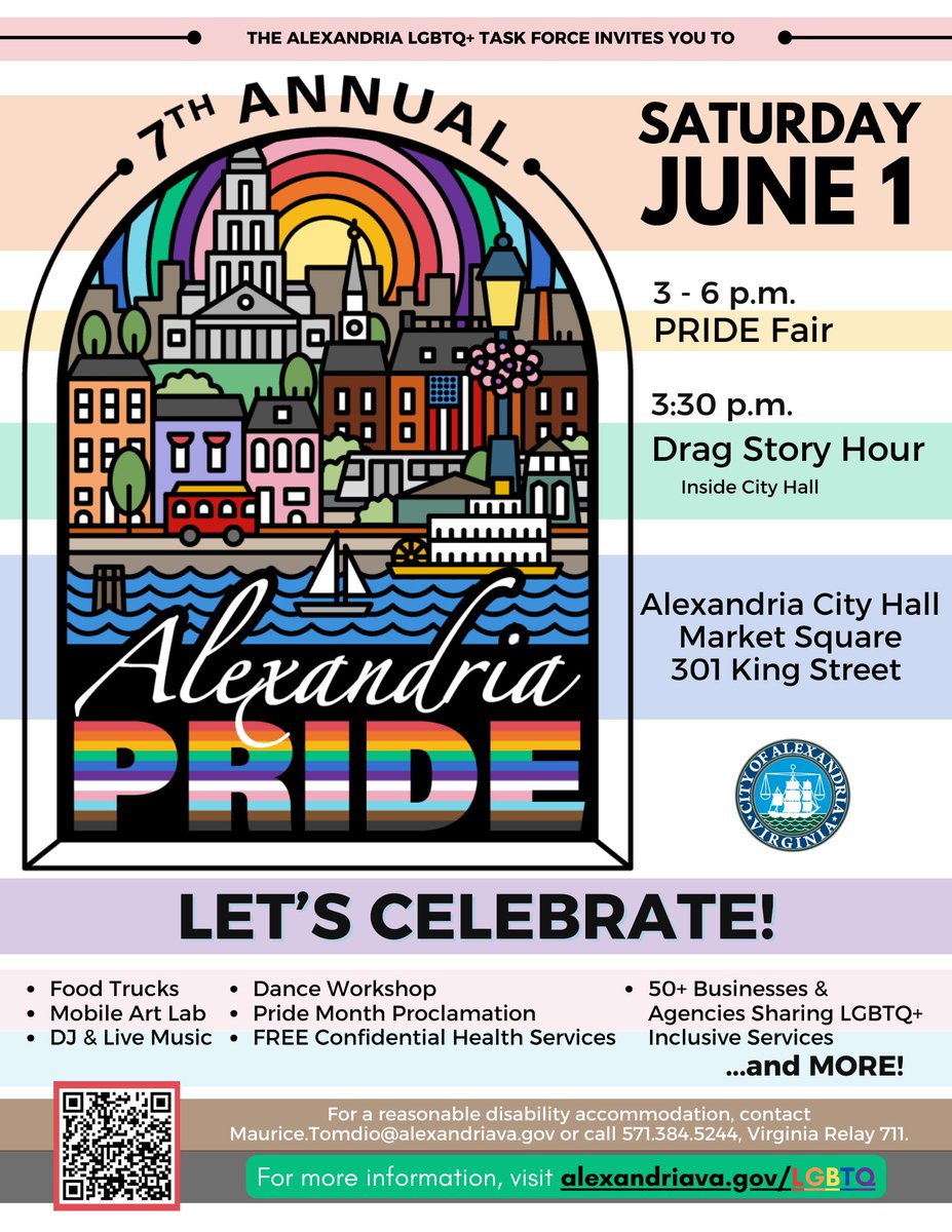 #SavetheDate for the 7th Annual Alexandria Pride celebration on Saturday, June 1. Join us at Market Square (301 King St.) for an afternoon honoring our city's LGBTQ+ community. The event will feature: 🎵 Live Music 💃 Dancing 🍱 Food Trucks Learn more: alexandriava.gov/LGBTQ?utm_camp…