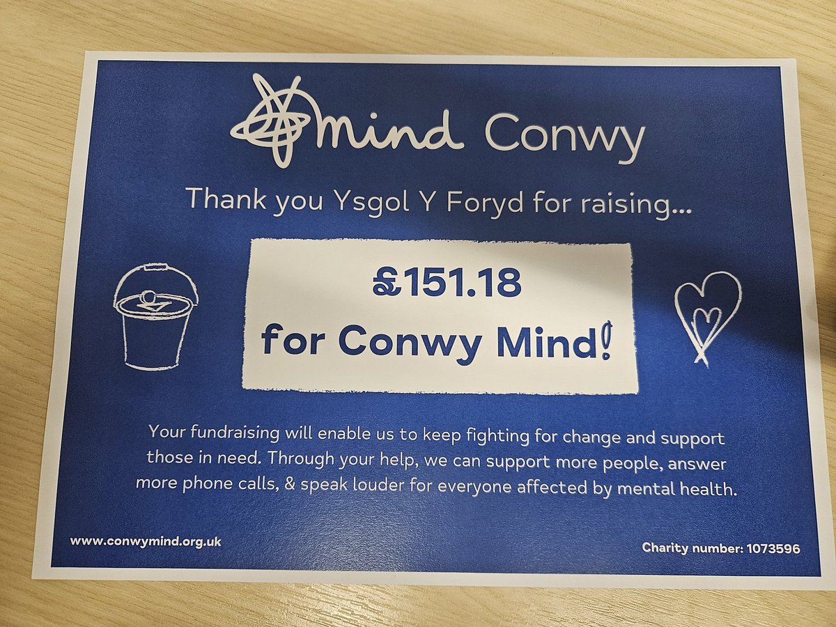 Diolch yn fawr to all the families who were able to support <a href="/ConwyMind/">Conwy Mind</a> By wearing blue Ysgol y Foryd raised £151.18. Da iawn pawb!