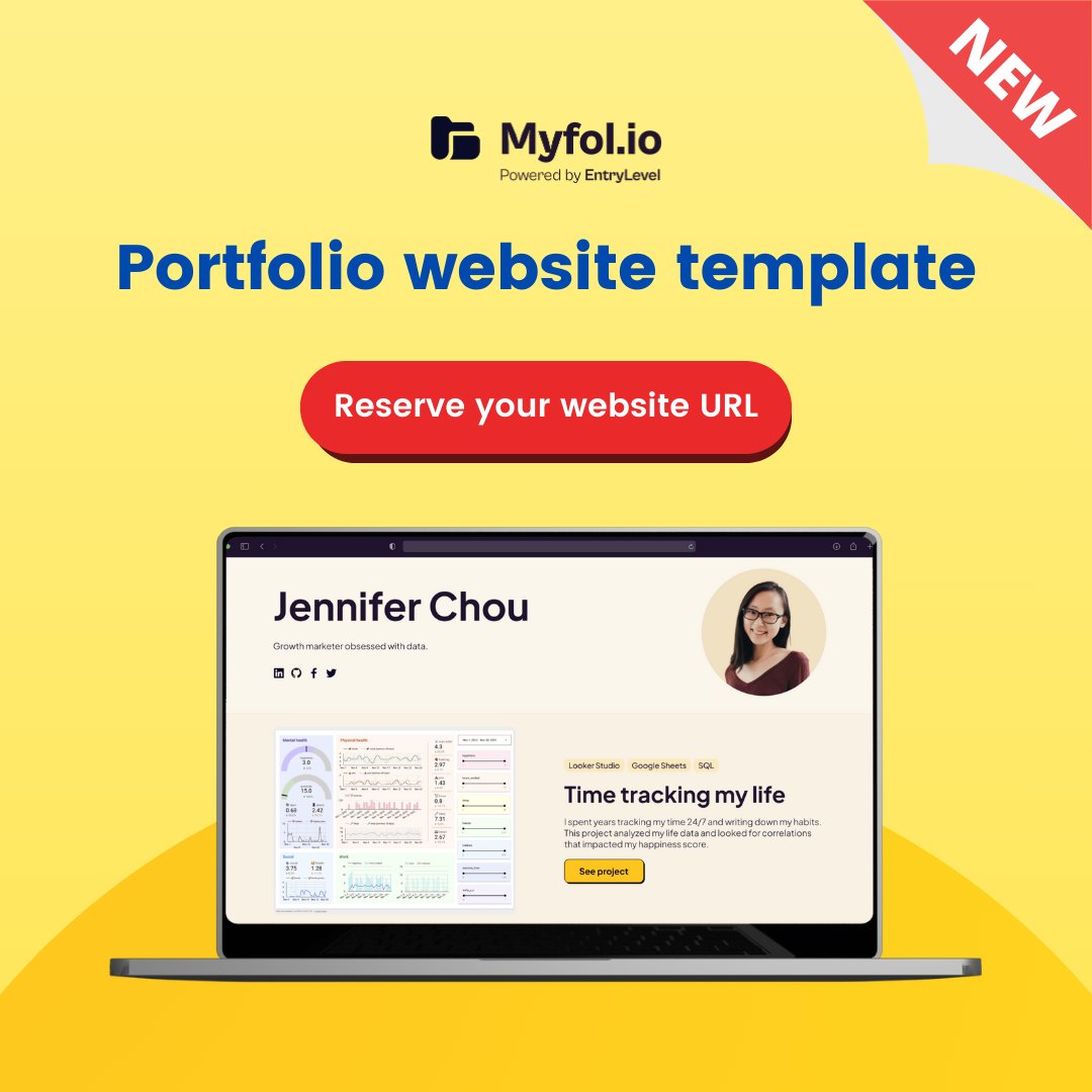EntryLevelNet's tweet image. Introducing MyFolio — your new tool for standing out in the tech job market! Get our FREE template and build a stunning portfolio website in no time. 🔥
Secure your unique URL before it’s gone! Sign up with your EntryLevel account: entrylevel.net/myfolio