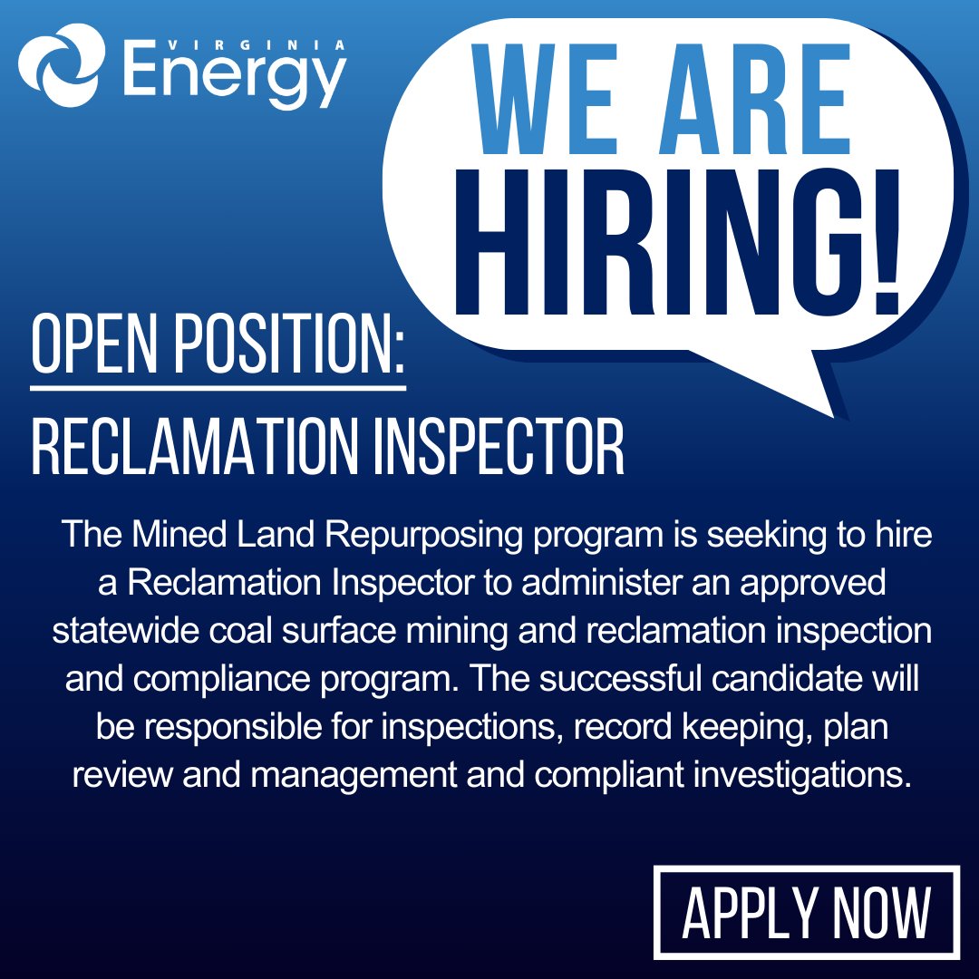 #VirginiaEnergy is #hiring a Reclamation Inspector! Be sure to apply by May 29th here: ow.ly/9Umj50RNepN