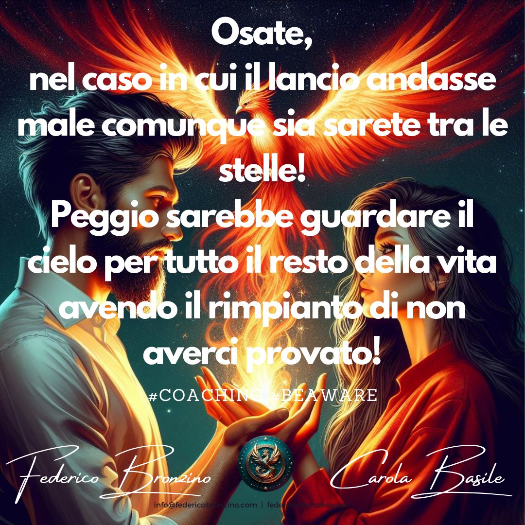 FedericoeCarola's tweet image. Osate,
nel caso in cui il lancio andasse male comunque sia sarete tra le stelle!
Peggio sarebbe guardare il cielo per tutto il resto della vita avendo il rimpianto di non averci provato! #coahing
#beaware #perte #motivationvideo