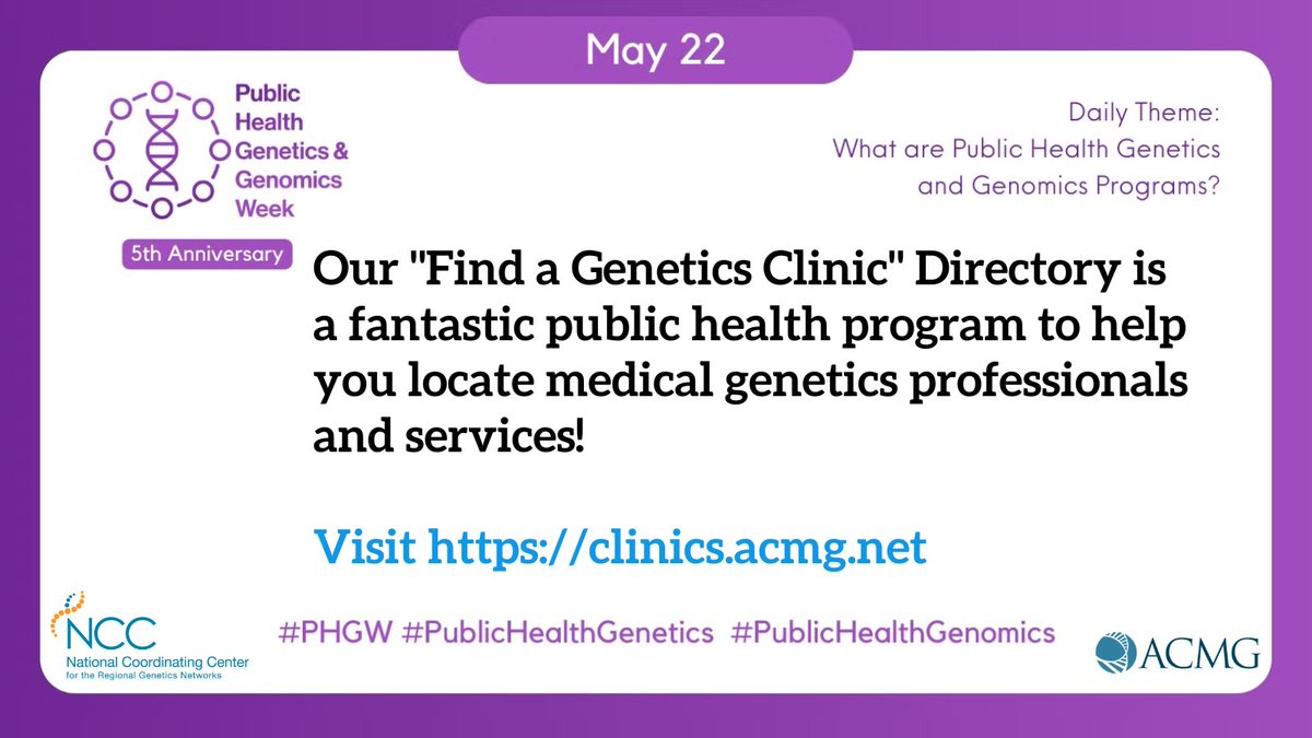 It is Day 3 of #PHGW - time to highlight #PublicHealthGenetics programs! Are you trying to find genetics services in your area? Check out ACMG & @NCCRCG’s “Find a Genetics Clinic” directory. Users can search for #genetics clinics across the US at clinics.acmg.net.