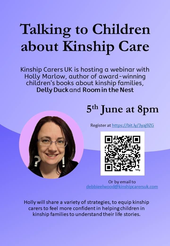 We want to share a webinar - ' Talking to Children about Kinship Care', run by Kinship Carers UK. The webinar will be on Wednesday the 5th of June at 8 pm. Please follow the links in the poster below to sign up or email:- debbieelwood@kinshipcarers.com.