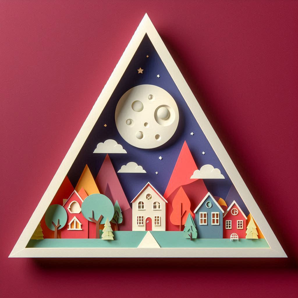 Hello guys! If you want to like this style you have to write this prompt!
A simple colorful paper cutout scene inside a triangular of 3D architecture with a big moon. The scene should be centered, flat lay, with empty open space around the edges and have a burgundy background.
