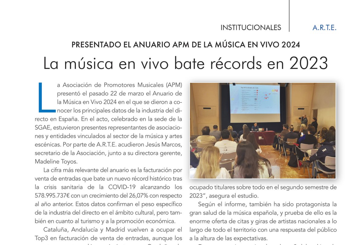 @apmusicales 𝐒𝐞 𝐬𝐮𝐩𝐞𝐫𝐚 𝐮𝐧 𝐚ñ𝐨 𝐦á𝐬 La Asociación de Promotores Musicales (APM) da a conocer unos datos que mejoran los de 2023 ᴀʀᴛÍᴄᴜʟᴏ ᴄᴏᴍᴘʟᴇᴛᴏ ᴇɴ ɴᴜᴇꜱᴛʀᴀ ʀᴇᴠɪꜱᴛᴀ 📷 ʟᴇᴇ ᴍÁꜱ ᴇɴ: arte-asoc.es/revista-escena… #RevistaESCENARIOS #SociosARTE