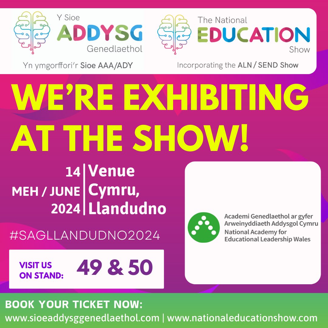 We will be at the #NationalEducationShow in Llandudno on Friday 14 June on Stand 49 and 50. We hope to see many of you there! To buy your ticket, go to ow.ly/lJ9K50Rzm7v #LeadershipAcademy @nationaledshow