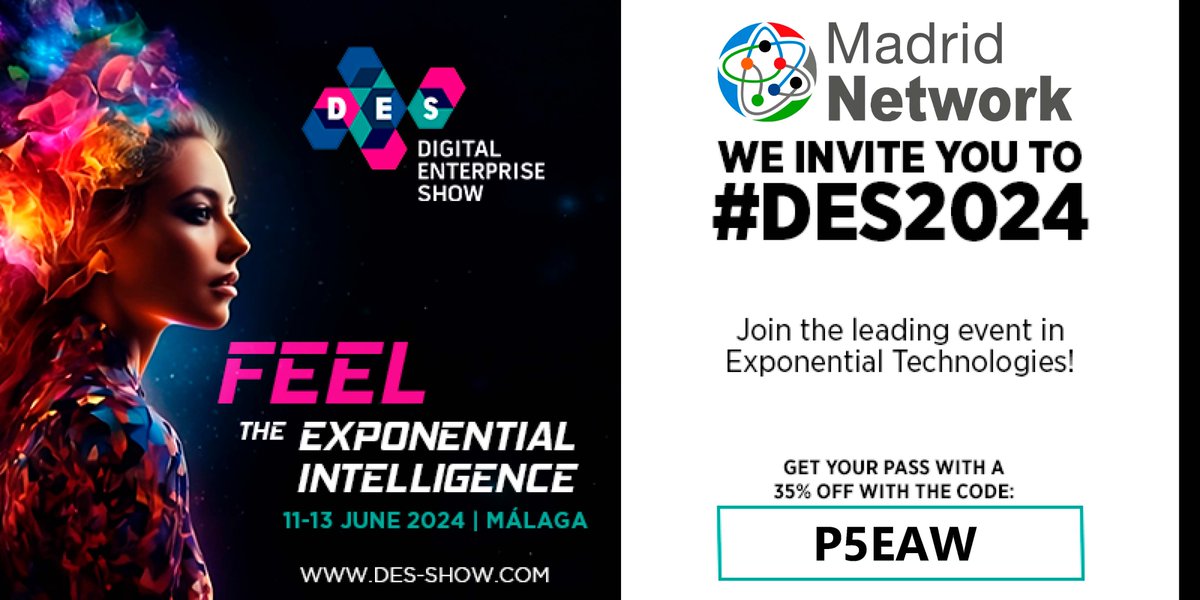 ¡Queda menos de un mes para que arranque el @DES_show! . El gran evento que transforma tu #negocio con el poder de la innovación digital. Acompáñanos en #Málaga los próximos 11, 12 y 13 de junio. Te ofrecemos un 35% de descuento en tu entrada #DES2024