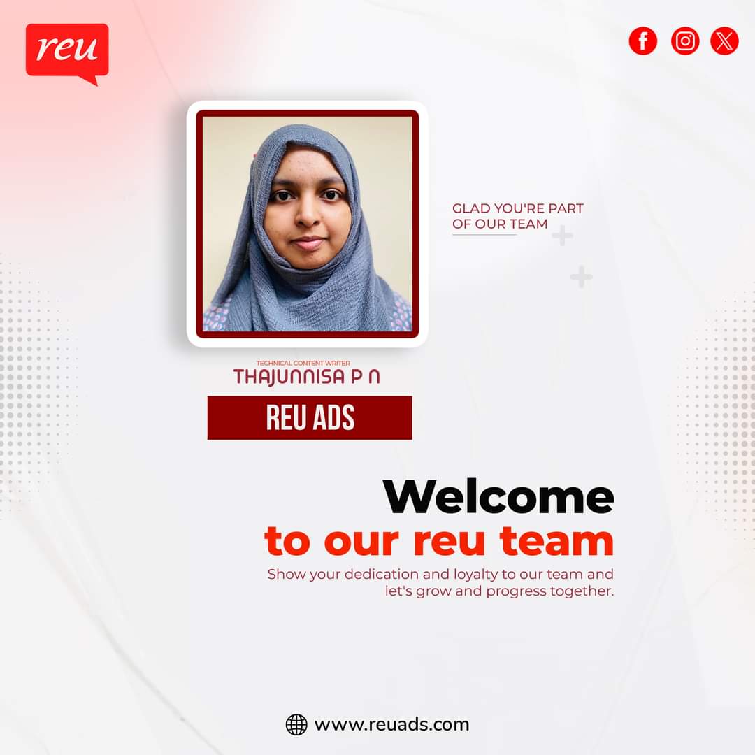 reu_ads's tweet image. We are thrilled to welcome Thajunnisa to the Reu Ads family as our new Technical Content Writer! Welcome, Thajunnisa! 

.

.

.

#Welcome #TechnicalContentWriter #ReuAds #TeamReuAds #TechExpert #ContentCreation #ReuAds #Onlineadvertisingagency