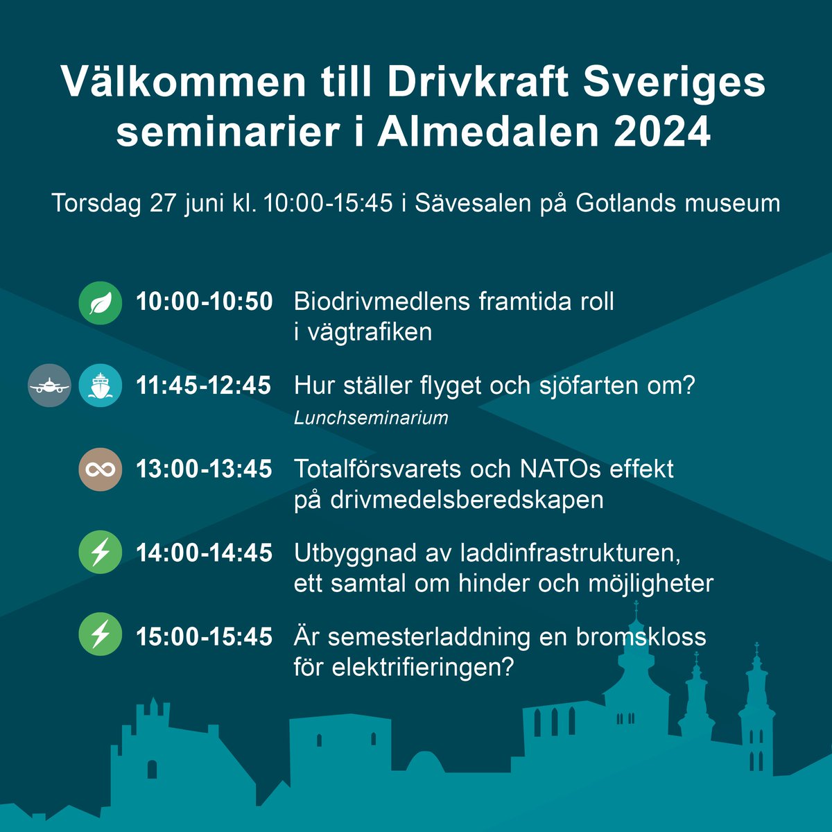 DrivkraftS's tweet photo. Drivkraft Sverige bjuder in till fem högaktuella seminarier vid årets Almedalsvecka. 
Varmt välkomna till Sävesalen på Gotlands museum, torsdag den 27/6!
#almedalen #almedalen2024 https://t.co/Mkh69HEGmS