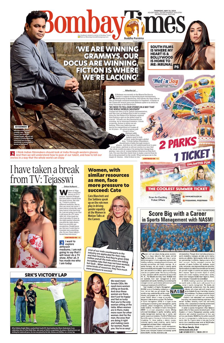 Here's a look at #BombayTimes' front page. Click below to read the edition bit.ly/3r0dVfE @arrahman #ARRahman @mrunal0801 #MrunalThakur @itsmetejasswi #TejasswiPrakash #ShahRukhKhan #Ipl2024 #Bollywood #BombayTimes