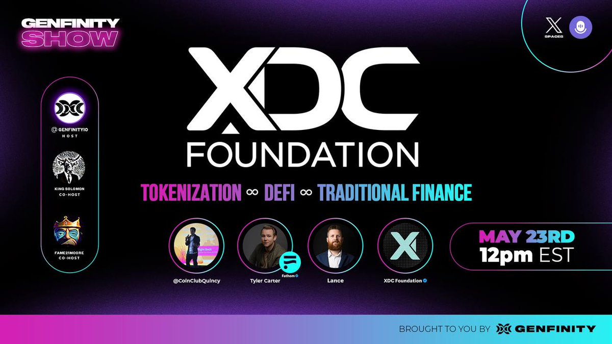 💧Liquifying TradFi via Tokenization & DeFi: Diving Deep into #XDC #XDCNetwork Tyler Carter @Fathom_fi Liquidity Protocol: Formerly @The_DTCC @SPDJIndices Digital Assets🧐 Quincy Jones: Software Development Lance Lilly: Ecosystem Development🔗👇 x.com/i/spaces/1yNGa…