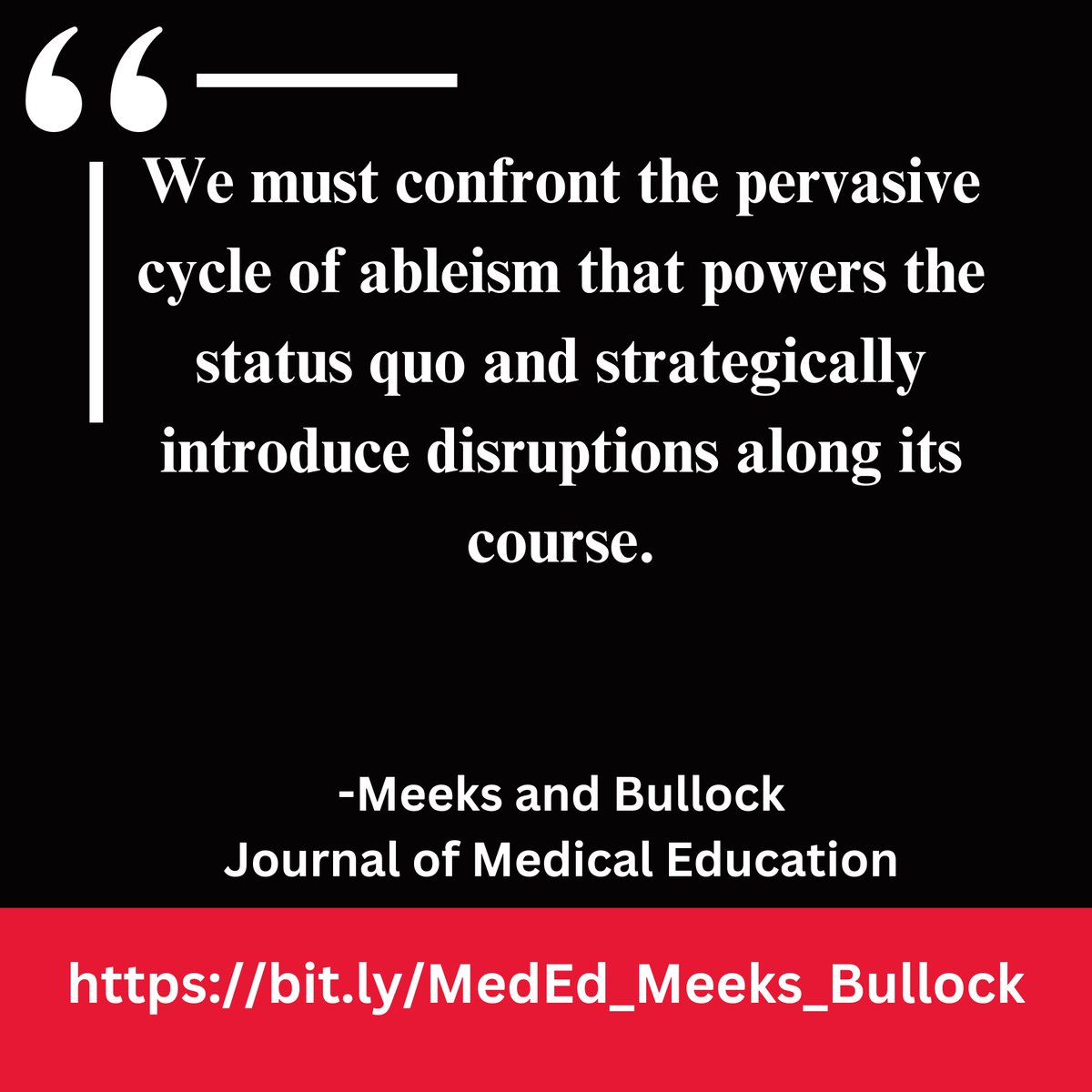 New paper alert! 🚨 'Transforming Medical Education: Implementing ‘Disruptors’ to Break the Cycle of Ableism.' by @meekslisa and @jbullockruns.

🌠Strategic changes foster inclusivity in #MedEd 

 👉bit.ly/MedEd_Meeks_Bu… 

#DisabilityInclusion #Ableism #DocsWithDisabilities