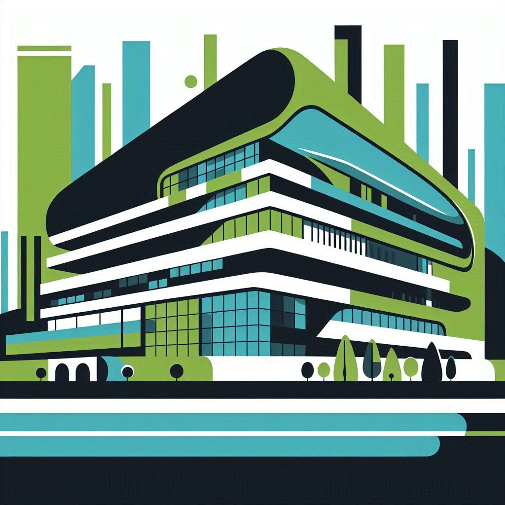 Hello guys! Another example for AI architectural concept drawings!
"An image of Zaha Hadid's building in Green , Blue and black colors in a flat illustration, color block style. There are staight lines in the background and designed buildings in the foreground." #architect
