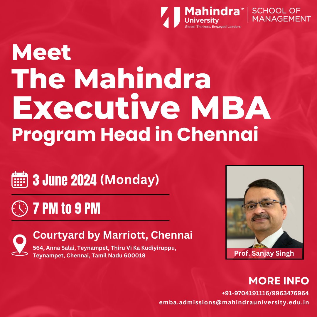 Join us to meet our <a href="/MahindraUni/">Mahindra University</a>  Executive MBA Program Director on June 3rd in Chennai. Learn about the program, discuss career growth, get personalized advice, and have your questions answered. Don’t miss out!
Register Now: lnkd.in/gGVm2eyX
#emba #executivemba #globalmba