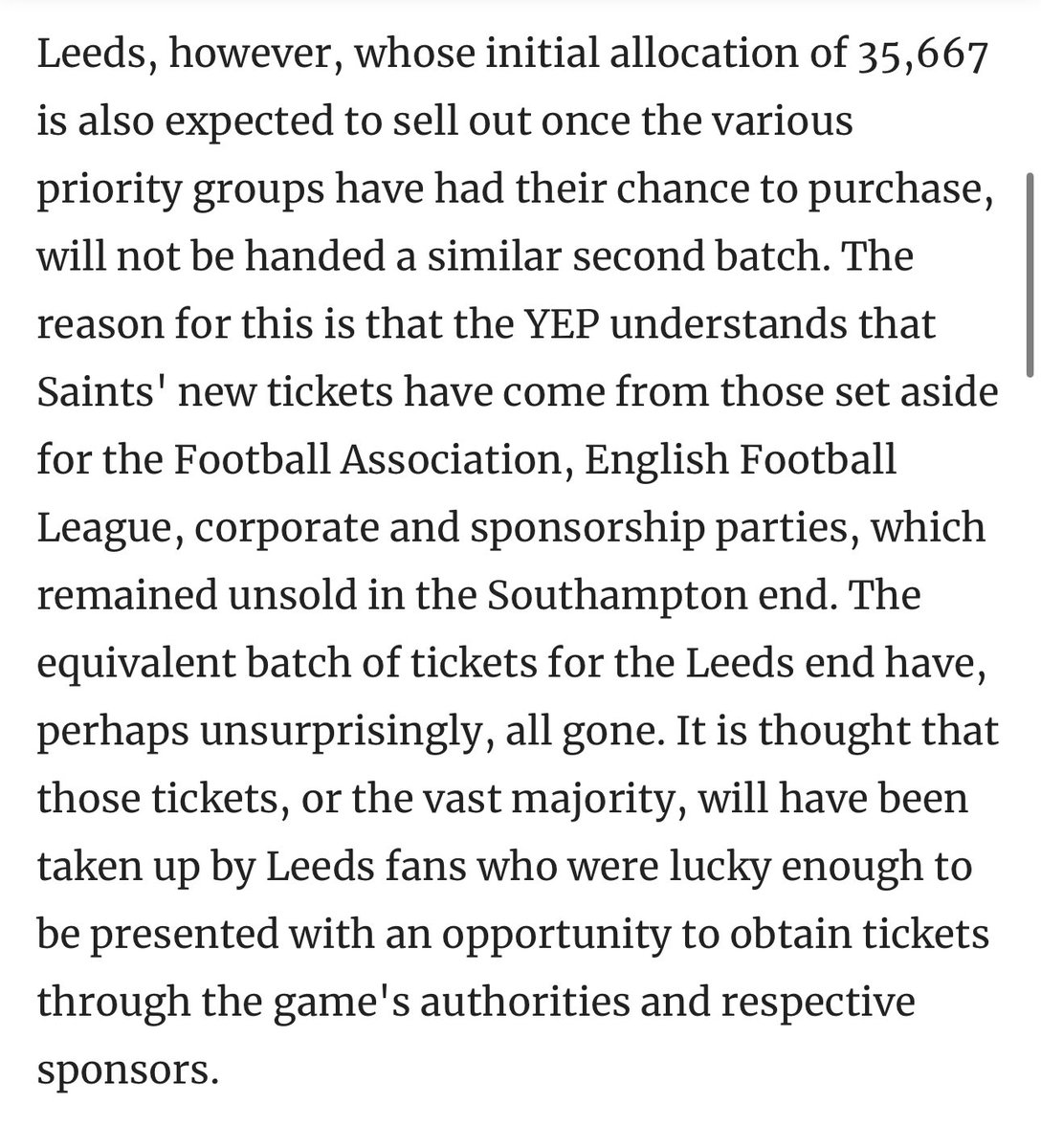 Reason why Southampton got extra tickets and why we won’t… #LUFC