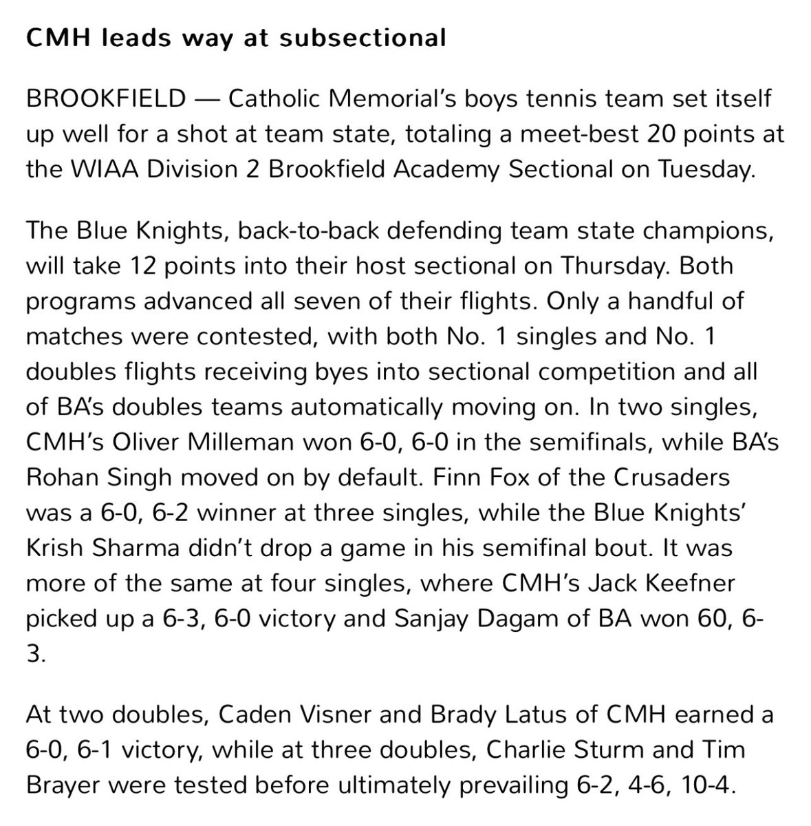 CoachBergan's tweet photo. ⁦@CMHTennis⁩ leads way at sub sectional. Showdown this Thursday! https://t.co/PfYv6uWAcQ