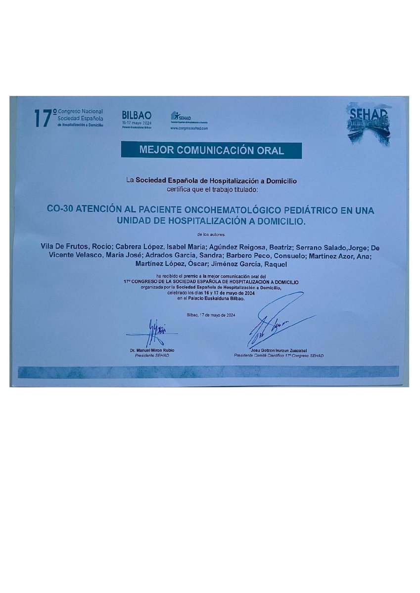 fibhnjs's tweet image. 17º Congreso de la Sociedad Española de Hospitalización a Domicilio, donde se presentó la experiencia del proyecto “Implementación de un programa de hospitalización a domicilio pediátrica en pacientes con cáncer”, la comunicación fue galardonada como mejor comunicación oral