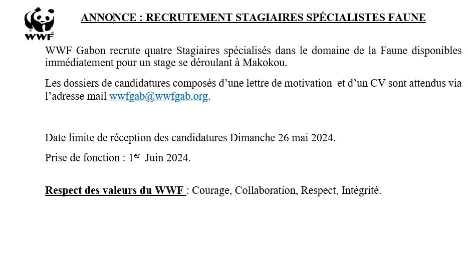 Rejoignez notre équipe dynamique et passionnée pour contribuer à la conservation de la faune gabonaise . Please share widely #WWF #Gabon #Faune #Stage #Conservation #Environnement