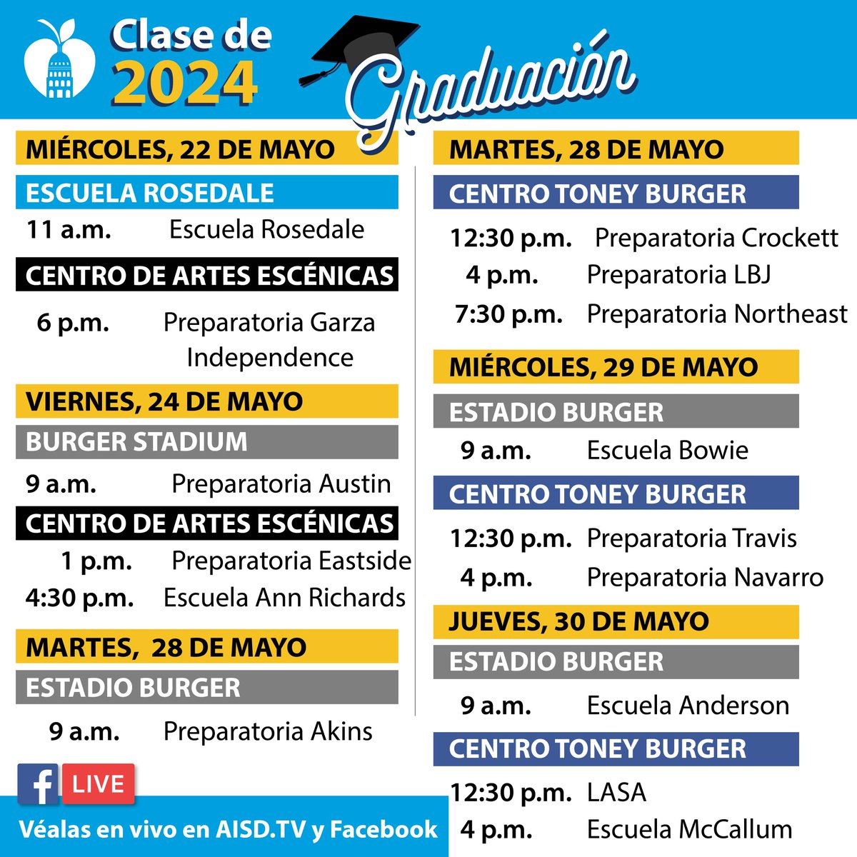 AustinISD's tweet photo. ¡Hoy dan inicio las graduaciones! 🎉 ¡Felicitaciones a los Graduados del Austin ISD de 2024! 🎓 ¡Su duro trabajo, dedicación y perseverancia te han conducido a este momento. Este es el inicio de un nuevo capítulo!
#GraduationWeek #ClassOf2024 #EscuelasFuertes ParaUnAustinFuerte https://t.co/Q1Bg6xuo1p