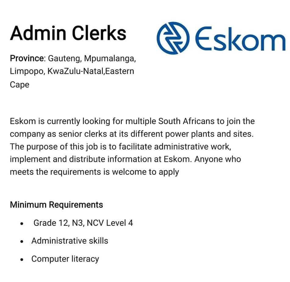 📌💯Eskom Admin Clerks Salary: R15 000 per month Requirements: Grade 12/ N3 / NCV 4 Provinces: Gauteng, Mpumalanga, KwaZulu-Natal, Eastern Cape, Limpopo Link To Apply: tinyurl.com/2p9mvjvv Closing date: 29 May 2024
