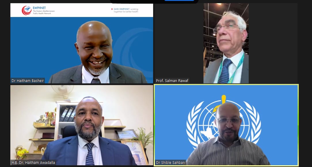 Delighted with the participation of Sudan FMoH Minister HE Dr. @HeithamAwadalla, Professor @SalmanRawaf, and @DrShible in the EMPHNET webinar with insights on the Sudan situation and the resilient action of the ministry and partners to combat a grave emergency.