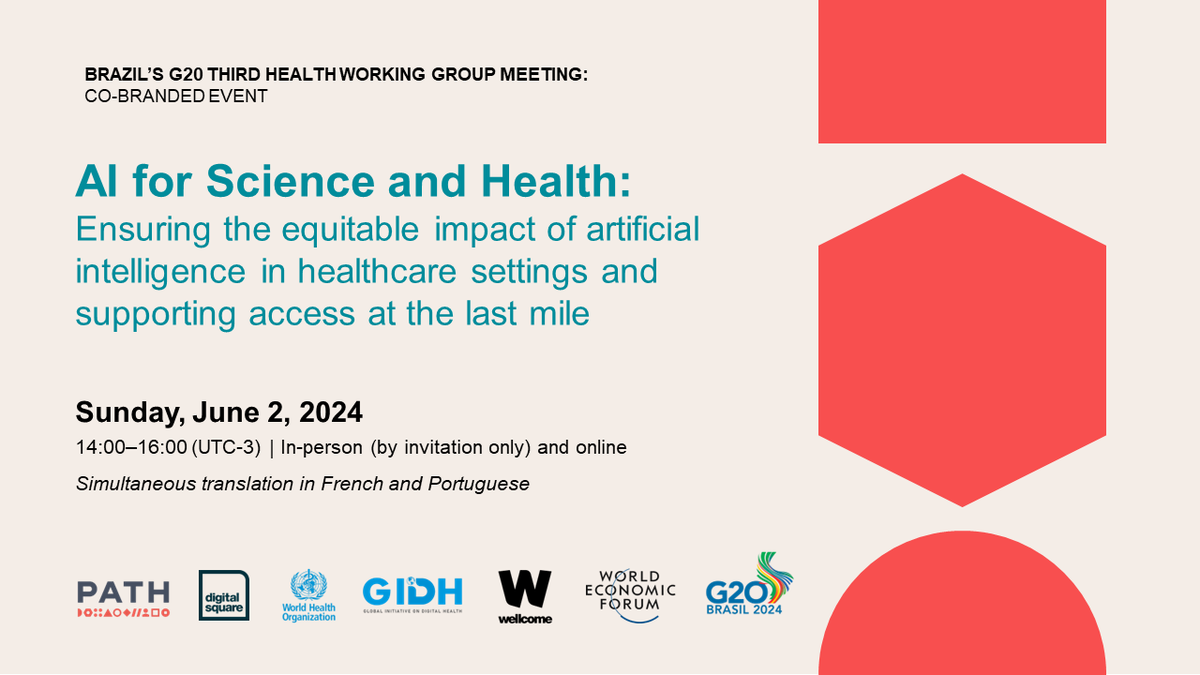 Curious how AI could save lives in the world’s hardest-to-reach communities? During the @g20org 3rd HWG Meeting on June 2, we're co-hosting an event on #AI4Health alongside @DigitalSQR, @WHO, #GIDH, @wellcometrust & @wef. ➡️ Join us via Zoom: bit.ly/3V8ktWa