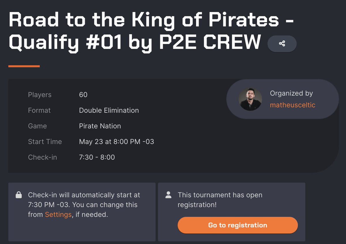 I will host the first @PirateNation PvP tournament with prizes in booty!

The focus is to bring the community together to have fun in a free and fair tournament.

Join us on May 23rd at 4 PM PST.

Sign up here: challonge.com/piratenation

If you haven't started playing yet, use the