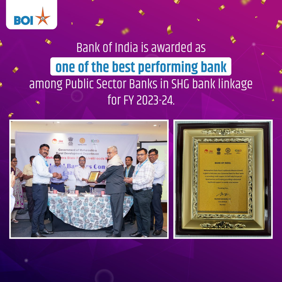 Thrilled to share that Bank of India has been awarded as one of the best-performing bank for Outstanding performance in SHG Bank Linkage during FY 2023-2024 by MSRLM! A testament to our commitment to financial inclusion and empowering communities. #BankofIndia #SHG #MSRLM