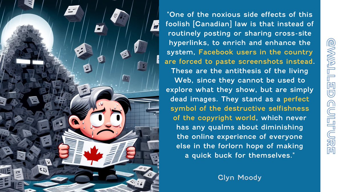 When a plan boomerangs: new research shows the Canadian #LinkTax already failed – just like all the others. Publishers lost out hugely. Local news outlets lost out the most. @glynmoody explores the findings of the @MediaEcosystem (@mcgillu & @uoft)
walledculture.org/new-research-s…