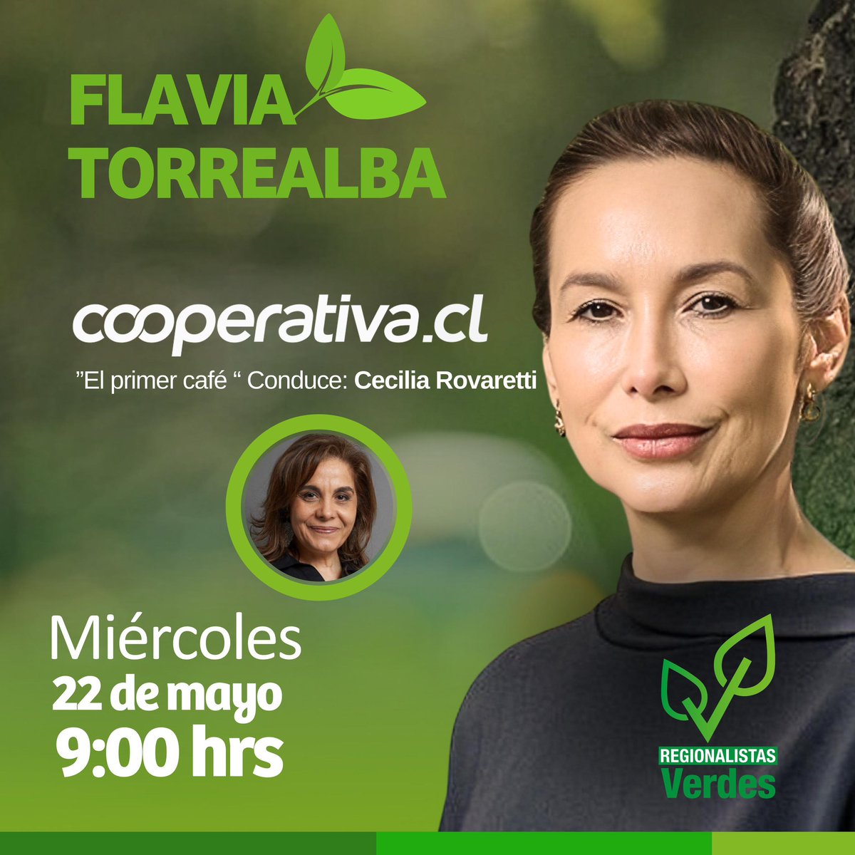 regverdes's tweet photo. Hoy, miércoles 22 de mayo, desde las 9:00 hrs, Nuestra presidenta nacional @TorrealbaFlavia participa en vivo por @Cooperativa y en todas sus plataformas en #ElprimerCafe
📻 93.3 fm en Santiago y
https://t.co/Cyo5uNXqQY https://t.co/tYhZAX0iWT