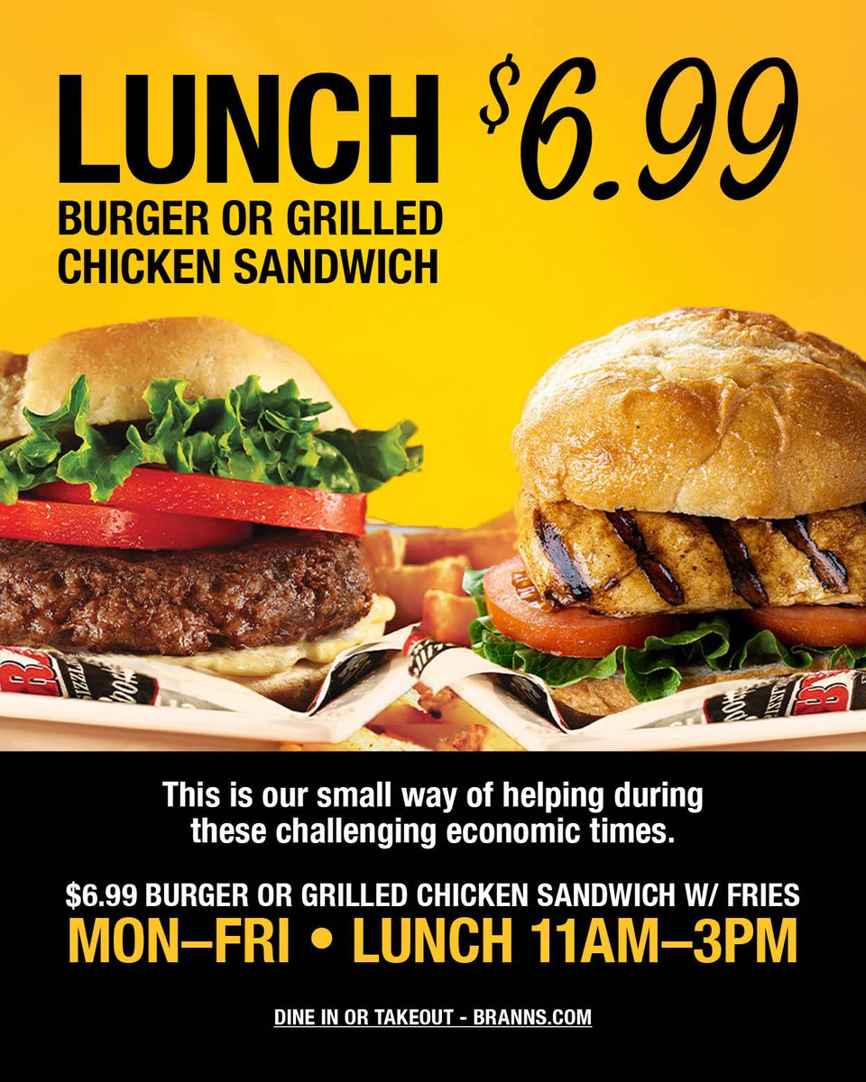 Looking for a delicious deal during lunchtime? Stop by Brann's for our $6.99 lunch special. Whether you're catching up with colleagues or seeking a moment of solitude, treat yourself to a leveled-up lunch. 😋 #EatAtBranns #Lunch #LunchTime #Lunchbreak #Burger #Chicken