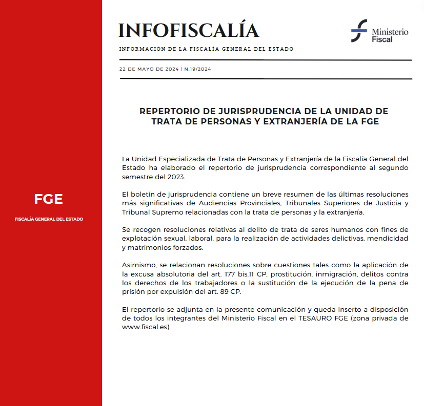 📰 INFOFISCALÍA 19/24 ➡️ Repertorio de jurisprudencia de la Unidad de Trata de Personas y Extranjería de la FGE.