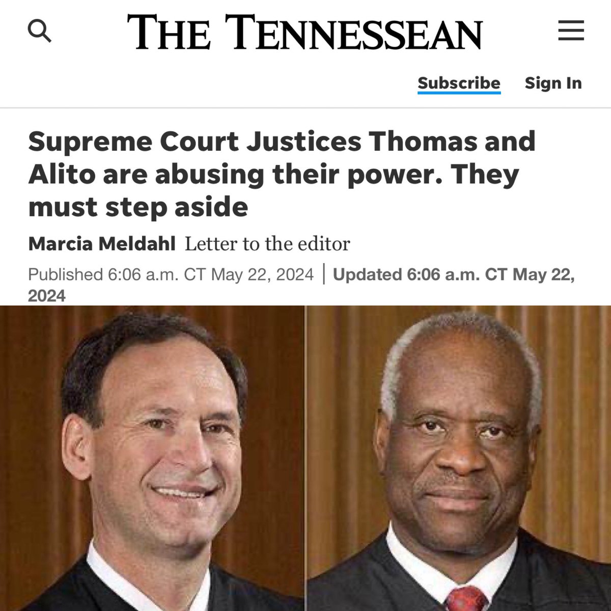 TheTNHoller's tweet photo. LETTER to @MarshaBlackburn: As your constituent, because you serve on the Judiciary Committee, I ask you to put some teeth into ethics requirements of federal judges and support the committee looking into Justices Thomas’s &amp; Alito’s disregard for ethics.” https://t.co/x1URlfvOCP https://t.co/Bz6RPjTZj0