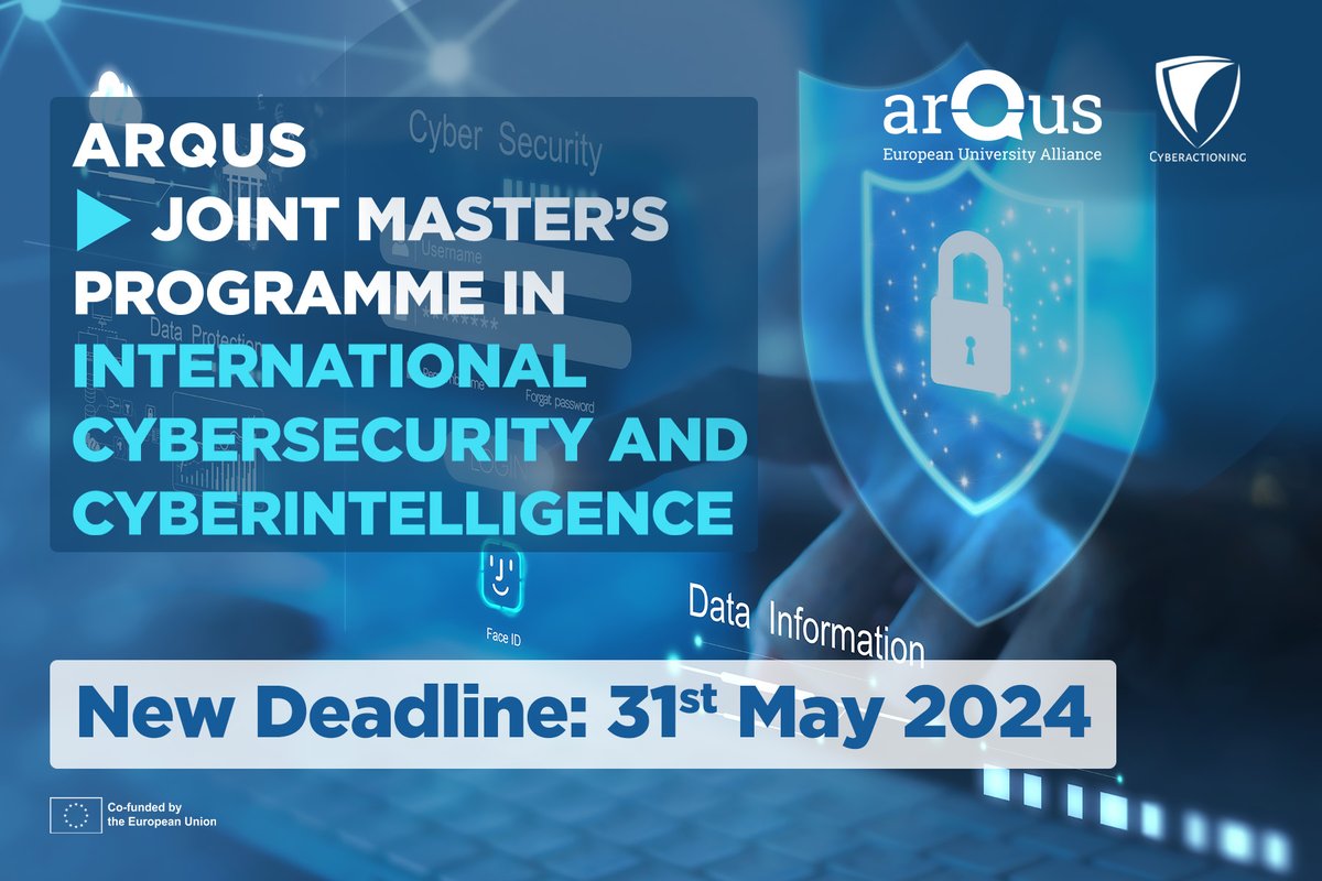 ArqusAlliance's tweet photo. ๐จ Deadline Extended! ๐จ Apply for the #ArqusJointMastersProgramme in International #Cybersecurity and #Cyberintelligence by 31st May 2024 and open up new career opportunities in a highly demanded tech sector in #Europe! ๐๐๐ก๏ธ
๐ง๐https://t.co/xZgp8K8cZN https://t.co/YugS05u8A4