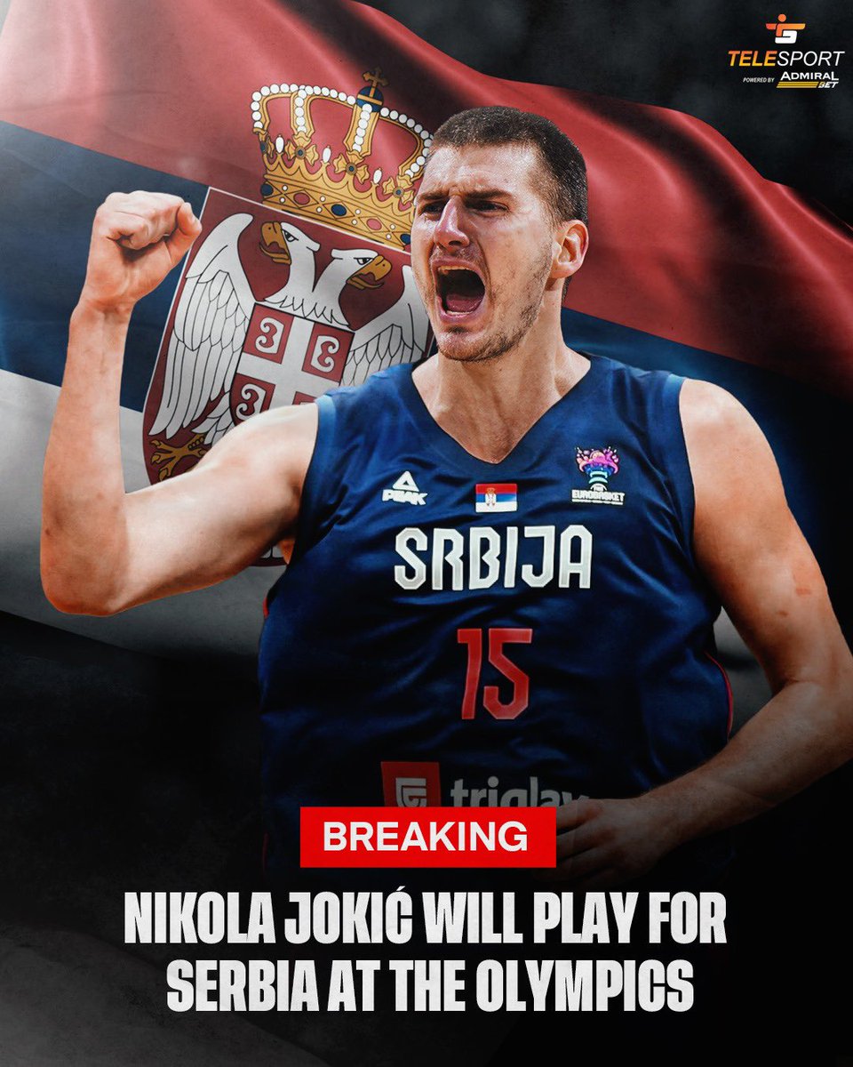 TelesportRS's tweet photo. MVP of the NBA, Nikola Jokic, has decided to play for Serbia at the Olympic Games! 🇷🇸

Jokic last played for Serbia at EuroBasket 2022, when the they were eliminated by Italy in the round of 16. https://t.co/MnBXALebpr