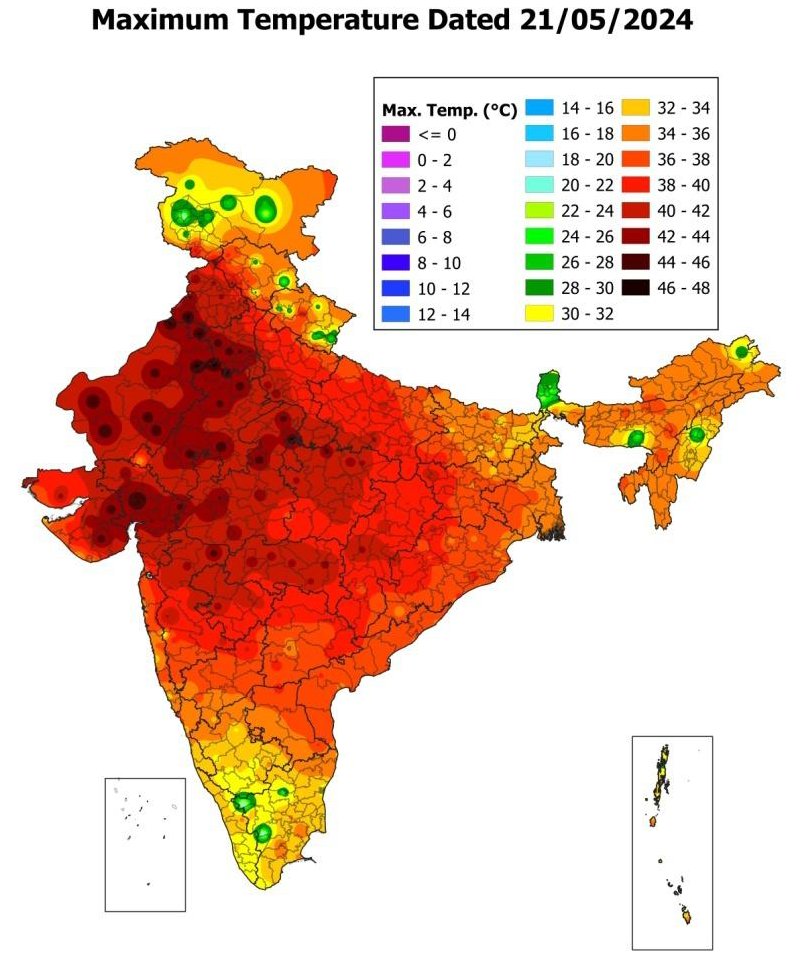 #Hitze in #Indien mit Höchstwerten bis über 47 °C, beispielsweise 47,8°C am 21.5.2024 in Sirsa (Haryana).
Aktuelle Infos 👉 internal.imd.gov.in/pages/heatwave…