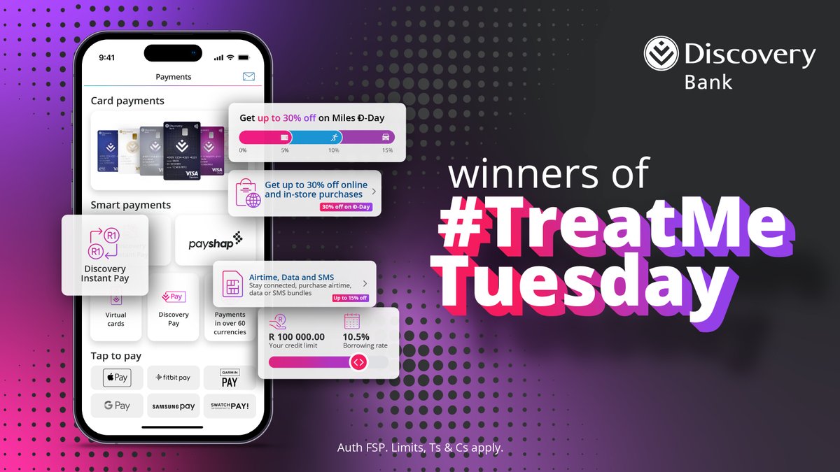 Congrats to the winners of this week's #TreatMeTuesday competition! 😁 @GojasFamale @KatGeorge493 @Uncle04906508 @Johnson_Dane1 @_kgothii We're glad to know that banking with us pays off 😍 Follow #DiscoveryBestBank for more competitions!