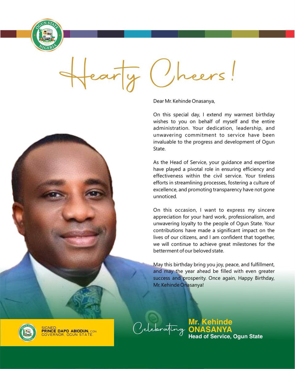 His Excellency, Governor Dapo Abiodun Celebrates the Ogun State , Head of Service, Mr Kehinde Onasanya as he Marks a Year Older
